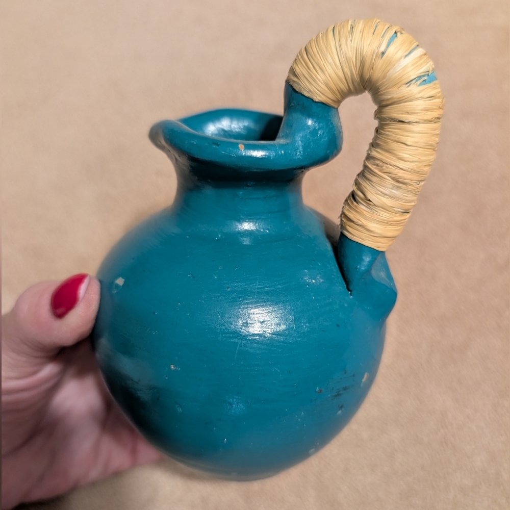Vintage Glazed Pottery Vase Teal/Turquoise Rattan Wrapped Handle